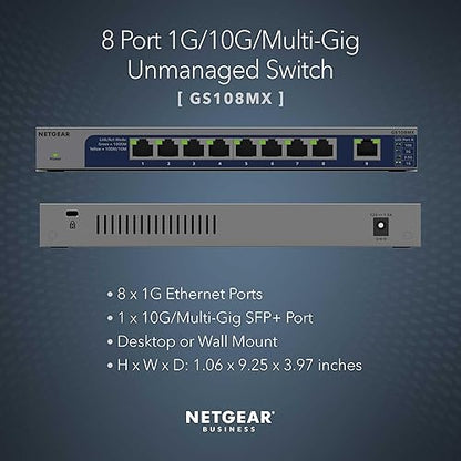 NETGEAR 8-Port 1G/10G Multi-Gigabit Ethernet Unmanaged Switch (GS108MX) - with 1 x 10G/Multi-gig SFP+, Desktop or Rackmount, and Limited Lifetime Protection