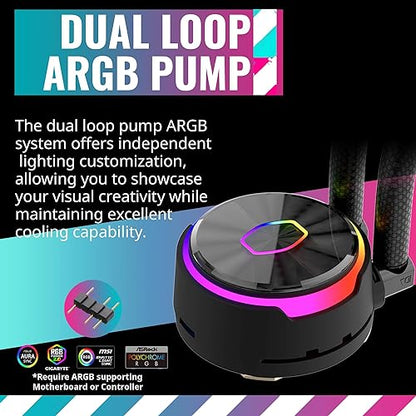 CoolerMaster MasterLiquid PL360 Flux  Close-Loop AIO CPU Liquid Cooler, Dual Chamber Pump, Ceramic Bearing Impeller, Enlarged Copper Base, ARGB PL-Flux 120mm Fans for AMD Ryzen/Intel 1700/1200/115X