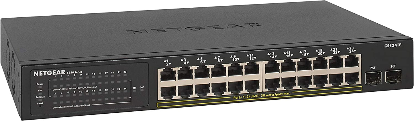 NETGEAR 26-Port PoE Gigabit Ethernet Smart Switch (GS324TP) - Managed, with 24 x PoE+ @ 190W, 2 x 1G SFP, Desktop or Rackmount, S350 series 26 port | 24xPoE+ 190W | 2xSFP