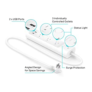 Kasa Smart Plug Power Strip KP303, Surge Protector with 3 Individually Controlled Smart Outlets and 2 USB Ports, Works with Alexa &amp; Google Home, No Hub Required , White