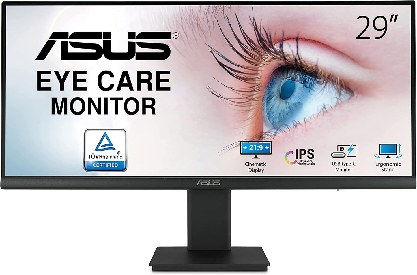 ASUS 29” 1080P Ultrawide HDR Monitor (VP299CL) - 21:9 (2560 x 1080), IPS, 75Hz, 1ms, USB-C w/ 15W Power Delivery, FreeSync, Eye Care Plus, HDR-10, VESA Mountable, HDMI, DisplayPort, Height Adjustable 29” IPS 1ms FHD 21:9 HDR USB-C Power Delivery Monitor