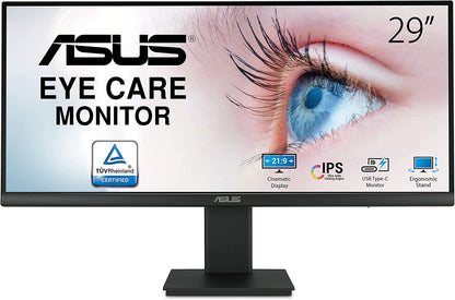 ASUS 29” 1080P Ultrawide HDR Monitor (VP299CL) - 21:9 (2560 x 1080), IPS, 75Hz, 1ms, USB-C w/ 15W Power Delivery, FreeSync, Eye Care Plus, HDR-10, VESA Mountable, HDMI, DisplayPort, Height Adjustable 29” IPS 1ms FHD 21:9 HDR USB-C Power Delivery Monitor