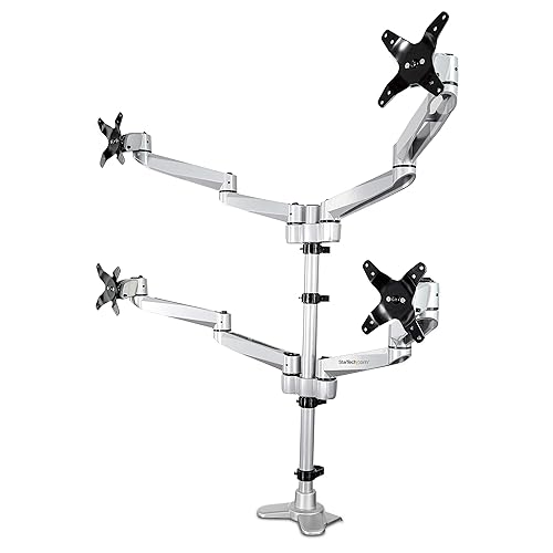 StarTech.com Desk Mount Quad Monitor Arm Premium Articulating VESA 4 Monitor Mount 2x2 up to 27 Ergonomic Height Adjustable Pole Mount - Tilt/Swivel/Rotate - C-Clamp/Grommet - Silver (ARMQUADPS) Desk & Grommet Clamp Silver