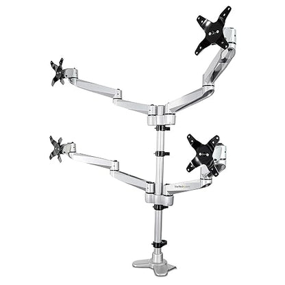 StarTech.com Desk Mount Quad Monitor Arm Premium Articulating VESA 4 Monitor Mount 2x2 up to 27 Ergonomic Height Adjustable Pole Mount - Tilt/Swivel/Rotate - C-Clamp/Grommet - Silver (ARMQUADPS) Desk & Grommet Clamp Silver