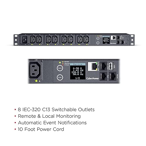 CyberPower PDU41005 Switched PDU, 100-240V, 20A (Derated to 16A), 8 Outlets, 1U Rackmount