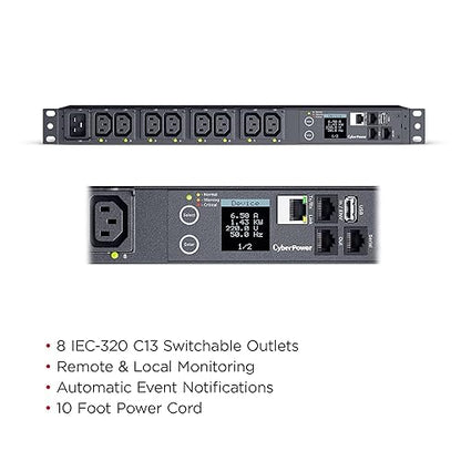 CyberPower PDU41005 Switched PDU, 100-240V, 20A (Derated to 16A), 8 Outlets, 1U Rackmount