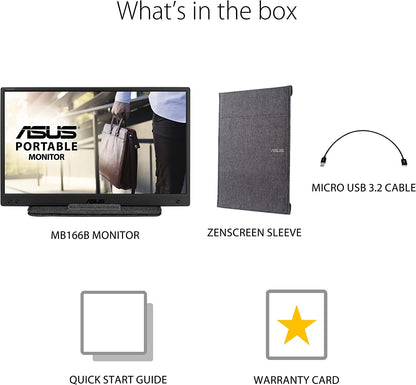 ASUS ZenScreen 15.6” 1080P Portable USB Monitor (MB166B)-Full HD,IPS, USB3.2, Anti-Glare Surface, USB-Powered, Flicker Free, Blue Light Filter, Tripod Mountable, Anti-Glare Surface, Protective Sleeve