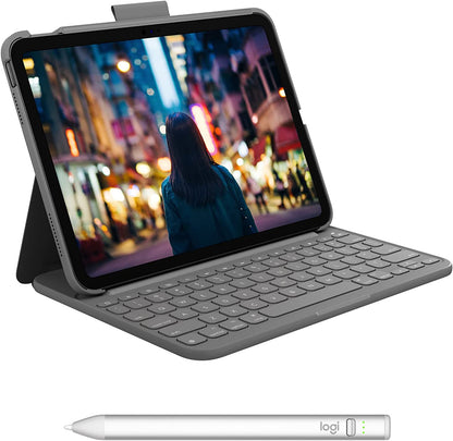Logitech Slim Folio Keyboard Case for iPad (10th gen) with Wireless Keyboard and Logitech Crayon (USB-C) Digital Pencil for All iPads (2018 Releases and Later) Slim Folio Tablet Keyboard + Crayon USB-C Oxford Gray
