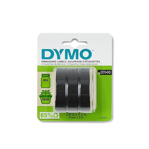 DYMO Self-Adhesive Embossing Labels, White Print on Black Tape, 3/8" x 9.8-Foot Rolls, 3 Pack