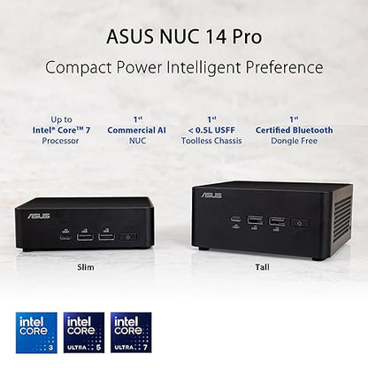 ASUS NUC 14 Pro Slim Barebone with Intel 14th Generation Core 3 100U, Up to 96GB DDR5 RAM, Triple Storage Design, Thunderbolt™ 4, Wi-Fi 6E and Bluetooth 5.3, Tool-less Chassis Access, Incl Core 3 Slim|Barebones