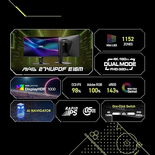 MSI MAG 274UPDF E16M 27-inch 3840 x 2160 (UHD) Gaming Monitor, 160Hz, AMD Adaptive-Sync, HDR Ready, HDMI, VGA Port, VESA Mountable, Tilt, 4-Side Slim Bezel, 0.5ms, Black