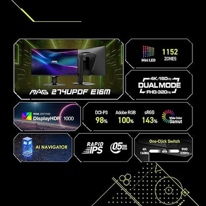 MSI MAG 274UPDF E16M 27-inch 3840 x 2160 (UHD) Gaming Monitor, 160Hz, AMD Adaptive-Sync, HDR Ready, HDMI, VGA Port, VESA Mountable, Tilt, 4-Side Slim Bezel, 0.5ms, Black