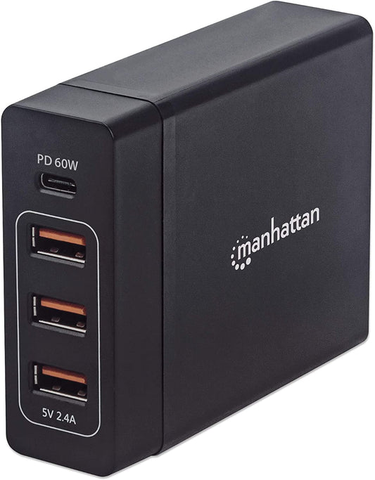Manhattan 72 W 4-Port USB Power Delivery (PD) Charging Station with One 60 W USB-C PD 3.0 Port, Three USB-A Ports sharing 12 W / 2.4 A and Detachable Plug for Quick Charging a Notebook, Laptop, Smartp