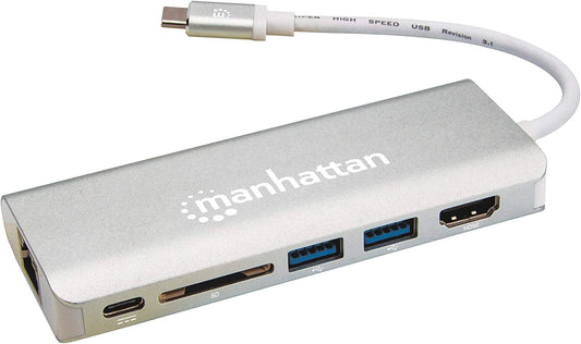 Manhattan SuperSpeed USB-C Multiport Adapter USB to HDMI, Two USB 3.0 A Ports, USB-C Power Delivery (PD) Port, Gigabit RJ45 Port, SD Card Reader; Mirror or Extend, Compact Design, Aluminum
