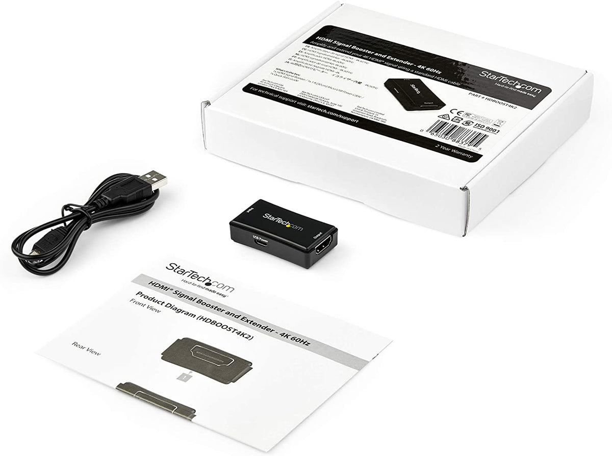 StarTech.com 45ft / 14m HDMI Signal Booster - 4K 60Hz - USB Powered - HDMI Inline Repeater &amp; Amplifier - 7.1 Audio Support (HDBOOST4K2)