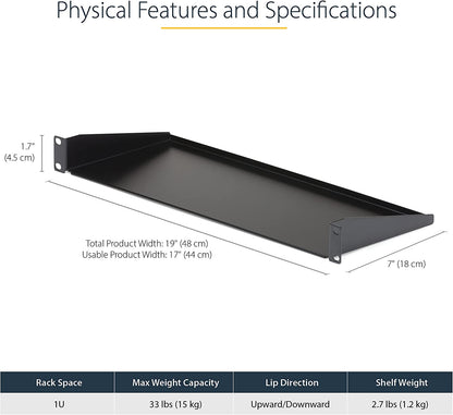 StarTech.com 1U Server Rack Shelf - Universal Rack Mount Cantilever Shelf for 19" Network Equipment Rack &amp; Cabinet - Heavy Duty Steel – Weight Capacity 33lb/15kg - 7" Deep Tray, Black (CABSHELF1U) 7" Depth 1U Rack Shelf