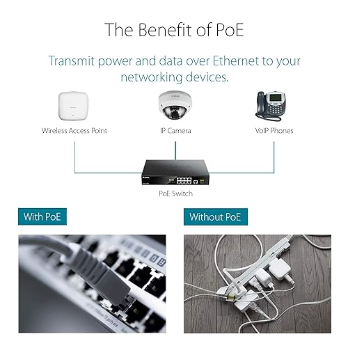 D-Link PoE Switch, 8 10 Port Unmanaged w/ 1 Gigabit Ethernet Port & 1 SFP Uplink Port, 125W PoE Budget Fanless Rackmount Plug N Play (DGS-1010MP), Black 10-Port Gigabit