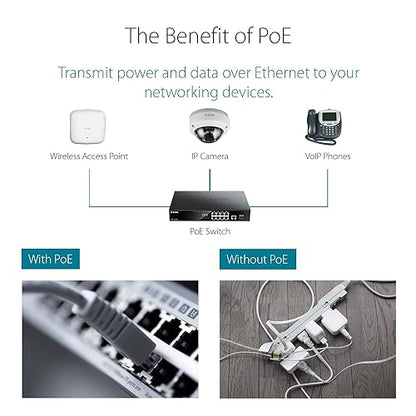 D-Link PoE Switch, 8 10 Port Unmanaged w/ 1 Gigabit Ethernet Port & 1 SFP Uplink Port, 125W PoE Budget Fanless Rackmount Plug N Play (DGS-1010MP), Black 10-Port Gigabit