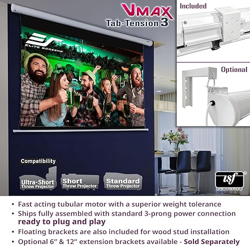 Elite Screens VMAX 3 Tab-Tensioned Series, 110-INCH 16:9, Motorized Projector Screen for Ultra/Standard/Short Projectors Movie Home Theater, VMAXT110XWH3 VMAX TAB TENSION White 110