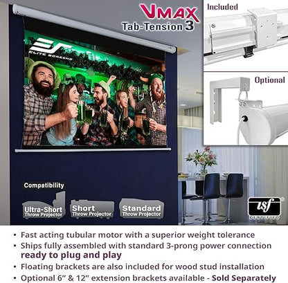 Elite Screens VMAX 3 Tab-Tensioned Series, 110-INCH 16:9, Motorized Projector Screen for Ultra/Standard/Short Projectors Movie Home Theater, VMAXT110XWH3 VMAX TAB TENSION White 110