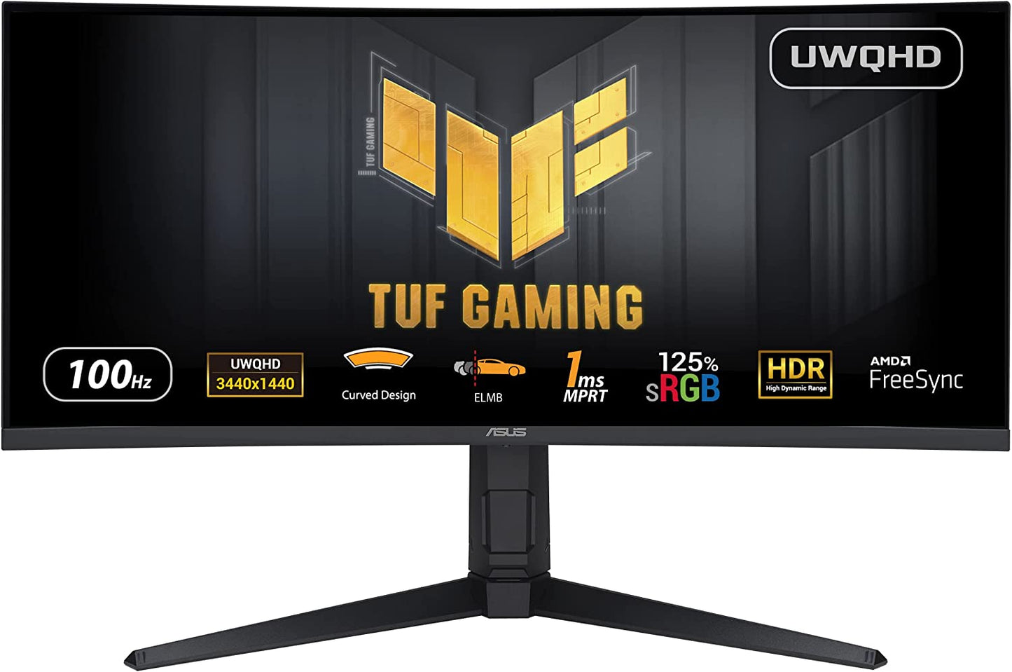 ASUS TUF Gaming 34” Ultra-Wide Curved HDR Monitor (VG34VQEL1A) - 21:9, UWQHD (3440 x 1440), 100Hz, Extreme Low Motion Blur, FreeSync, 1ms, DisplayPort, HDMI, USB, Tripod Socket, Height Adjustable