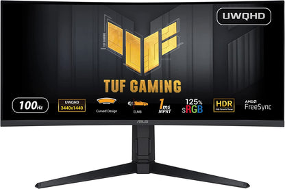 ASUS TUF Gaming 34” Ultra-Wide Curved HDR Monitor (VG34VQEL1A) - 21:9, UWQHD (3440 x 1440), 100Hz, Extreme Low Motion Blur, FreeSync, 1ms, DisplayPort, HDMI, USB, Tripod Socket, Height Adjustable