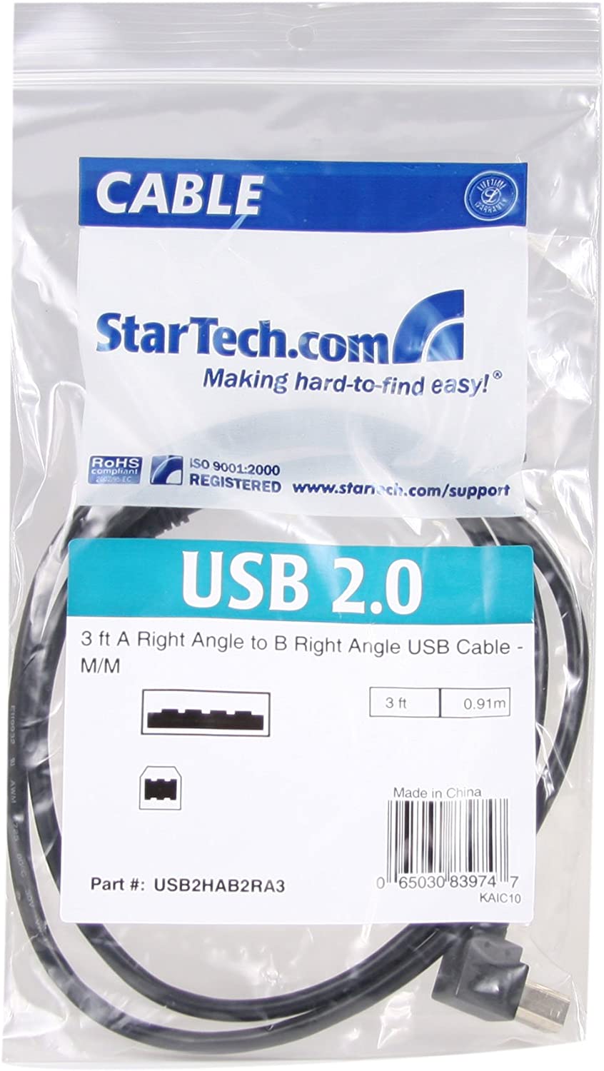 StarTech.com 91cm (3 ft.) / 91cm A Right Angle to B Right Angle USB Cable - 0.91m Right Angle USB 2.0 - 1x USB A 1x USB B - Black (USB2HAB2RA3)