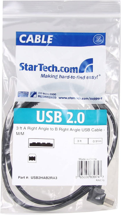 StarTech.com 91cm (3 ft.) / 91cm A Right Angle to B Right Angle USB Cable - 0.91m Right Angle USB 2.0 - 1x USB A 1x USB B - Black (USB2HAB2RA3)
