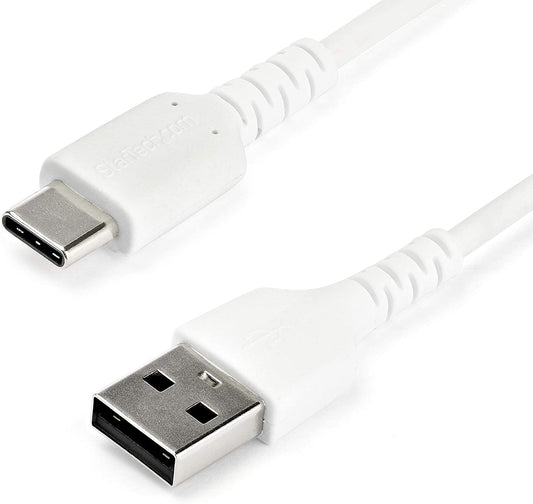 StarTech.com 1m USB A to USB C Charging Cable - Durable Fast Charge &amp; Sync USB 2.0 to USB Type C Data Cord - Rugged TPE Jacket Aramid Fiber M/M 60W White - Samsung S10, iPad Pro, Pixel (RUSB2AC1MW) White 1m