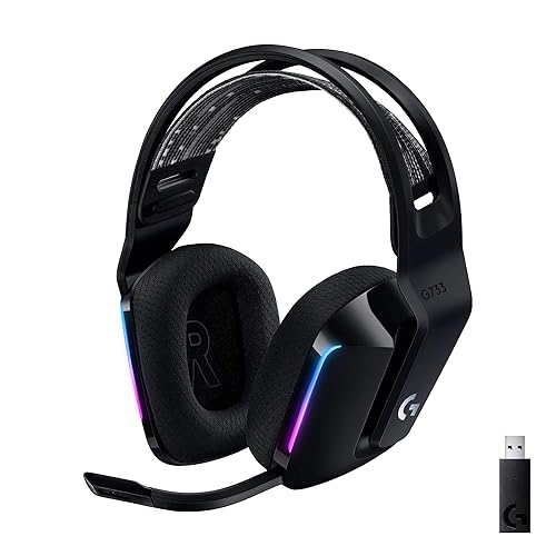 Logitech G733 LIGHTSPEED Wireless Gaming Headset with Suspension Headband, LIGHTSYNC RGB, Blue Voice Mic Techonolgy and PRO-G Audio drivers - Black Black Headset