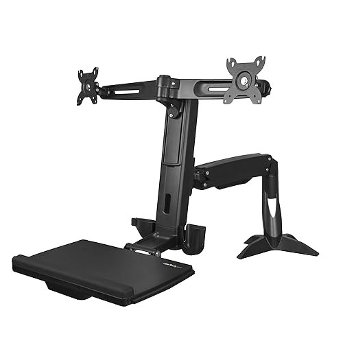 StarTech.com Sit Stand Dual Monitor Arm - Desk Mount Dual Computer Monitor Adjustable Standing Workstation for up to 24" Displays - VESA Ergonomic Stand Up Desk Converter w/Keyboard Tray (ARMSTSCP2)