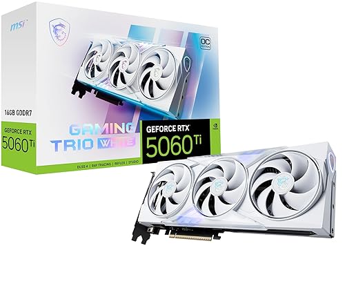 MSI Gaming RTX 5060 Ti 16G Gaming Trio OC White Graphics Card (16GB GDDR7, 128-bit, Extreme Performance: TBA MHz, DisplayPort x 3 2.1a, HDMI 2.1b, NVIDIA Blackwell Architecture)