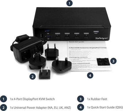 StarTech.com 4 Port DisplayPort KVM Switch - 4K 60Hz - Single Display - Dual Port UHD DP 1.2 USB KVM Switch with Integrated USB 2.0 Hub &amp; Audio - Dell, HP, Apple, Lenovo - TAA Compliant (SV431DPUA2)