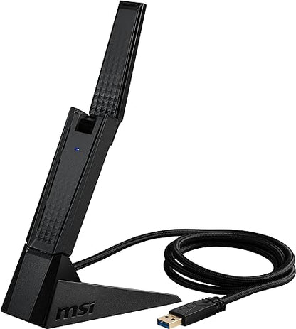 MSI Gaming AXE5400 WiFi USB Adapter - WLAN up to 5400 Mbps (6GHz, 5GHz, 2.4GHz Wireless), USB 3.2 Gen 1, MU-MIMO, 2X High-Gain Tri-Band Antennas, Beamforming, WPA3 - Cradle Included