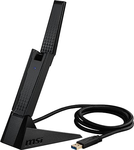 MSI Gaming AXE5400 WiFi USB Adapter - WLAN up to 5400 Mbps (6GHz, 5GHz, 2.4GHz Wireless), USB 3.2 Gen 1, MU-MIMO, 2X High-Gain Tri-Band Antennas, Beamforming, WPA3 - Cradle Included