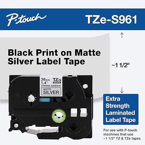 Brother 36mm (1.4) Black on Matte Silver Tape With Extra Strength Adhesive 8m(26.2 Ft) Black on Matte Silver 1.5 Inches