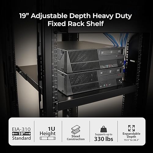 IOGEAR 1U Adjustable Depth Fixed Server Rack Shelf – Heavy Duty Steel, 330 lb Capacity, 19.5–38.3" Depth, Solid 27.5" Shelf, TAA Compliant — GRSH02