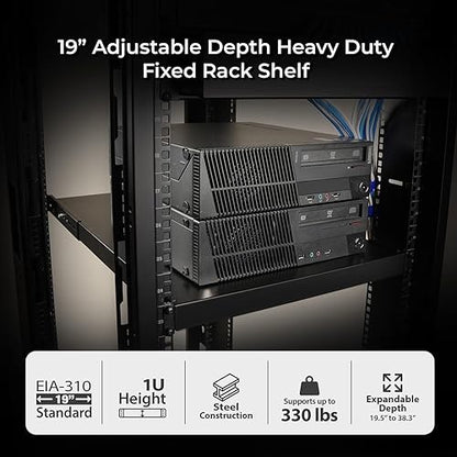 IOGEAR 1U Adjustable Depth Fixed Server Rack Shelf – Heavy Duty Steel, 330 lb Capacity, 19.5–38.3" Depth, Solid 27.5" Shelf, TAA Compliant — GRSH02