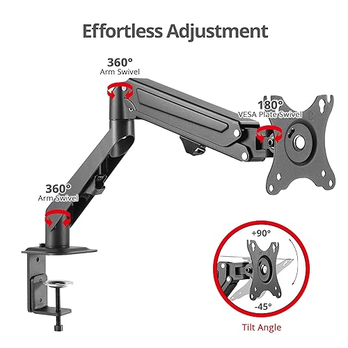 SIIG Single Monitor Desk Mount, 17" to 27", C-Clamp Base, Premium Gas Spring, Fits Flat/Curved Monitor, Fully Adjustable, Load Bearing 14.3 lbs max, VESA 75x75 100x100 (CE-MT3311-S1)