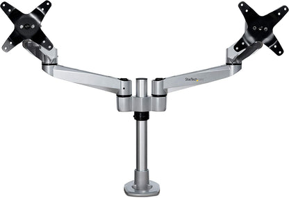 StarTech.com Desk Mount Dual Monitor Arm - Premium Articulating Monitor Arm - up to 27 VESA Mount Displays - Height Adjustable Monitor Mount - Rotate/Tilt/Swivel - Clamp/Grommet - Silver (ARMDUALPS)