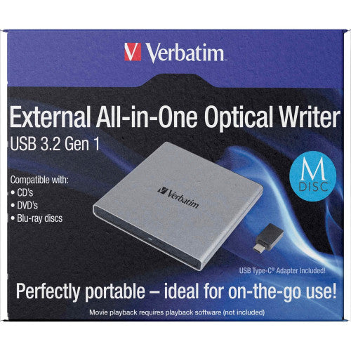 Verbatim External All-in-One Optical Writer, CD, DVD, Blu-ray, USB-A Or Type C