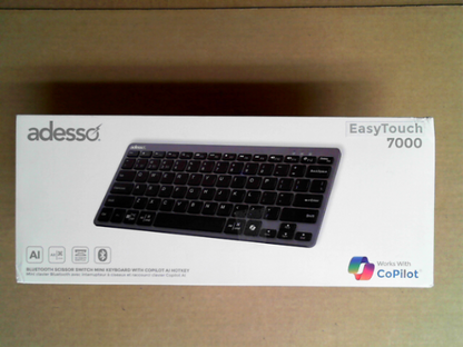 OPEN BOX - Adesso EasyTouch 7000 Multi OS Multi-Device Bluetooth Scissor Switch Keyboard with Copilot AI Hotkey - Wireless, Rechargeable, Quiet Keystrokes WKB-7000BB