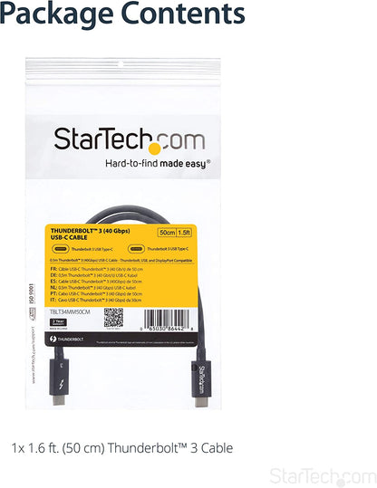StarTech.com 40Gbps Thunderbolt 3 Cable - 1.6ft/0.5m - Black - 5k 60Hz/4k 60Hz - Certified TB3 USB-C Charger Cord w/ 100W Power Delivery (TBLT34MM50CM) 1.5ft 40Gbps | Black