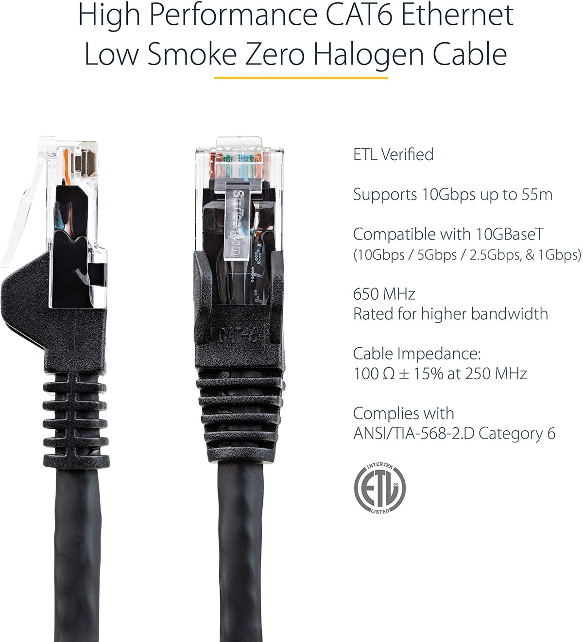 StarTech.com 50ft (15m) CAT6 Ethernet Cable - LSZH (Low Smoke Zero Halogen) - 10 Gigabit 650MHz 100W PoE RJ45 UTP Network Patch Cord Snagless w/Strain Relief - Black CAT 6, ETL Verified (N6LPATCH50BK) 50 ft Black
