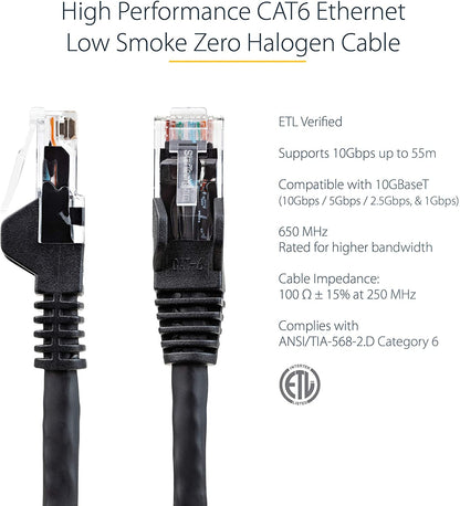StarTech.com 50ft (15m) CAT6 Ethernet Cable - LSZH (Low Smoke Zero Halogen) - 10 Gigabit 650MHz 100W PoE RJ45 UTP Network Patch Cord Snagless w/Strain Relief - Black CAT 6, ETL Verified (N6LPATCH50BK) 50 ft Black