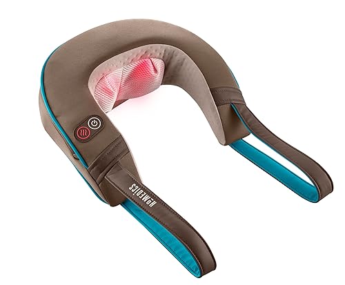 Homedics Shiatsu Neck Massager with Heat Integrated Onand Off Button, Deep-Kneading Massage, Comfort Flex Handles Control Intensity for Sore Muscles, Soft Foam, Easy to Use, Brown