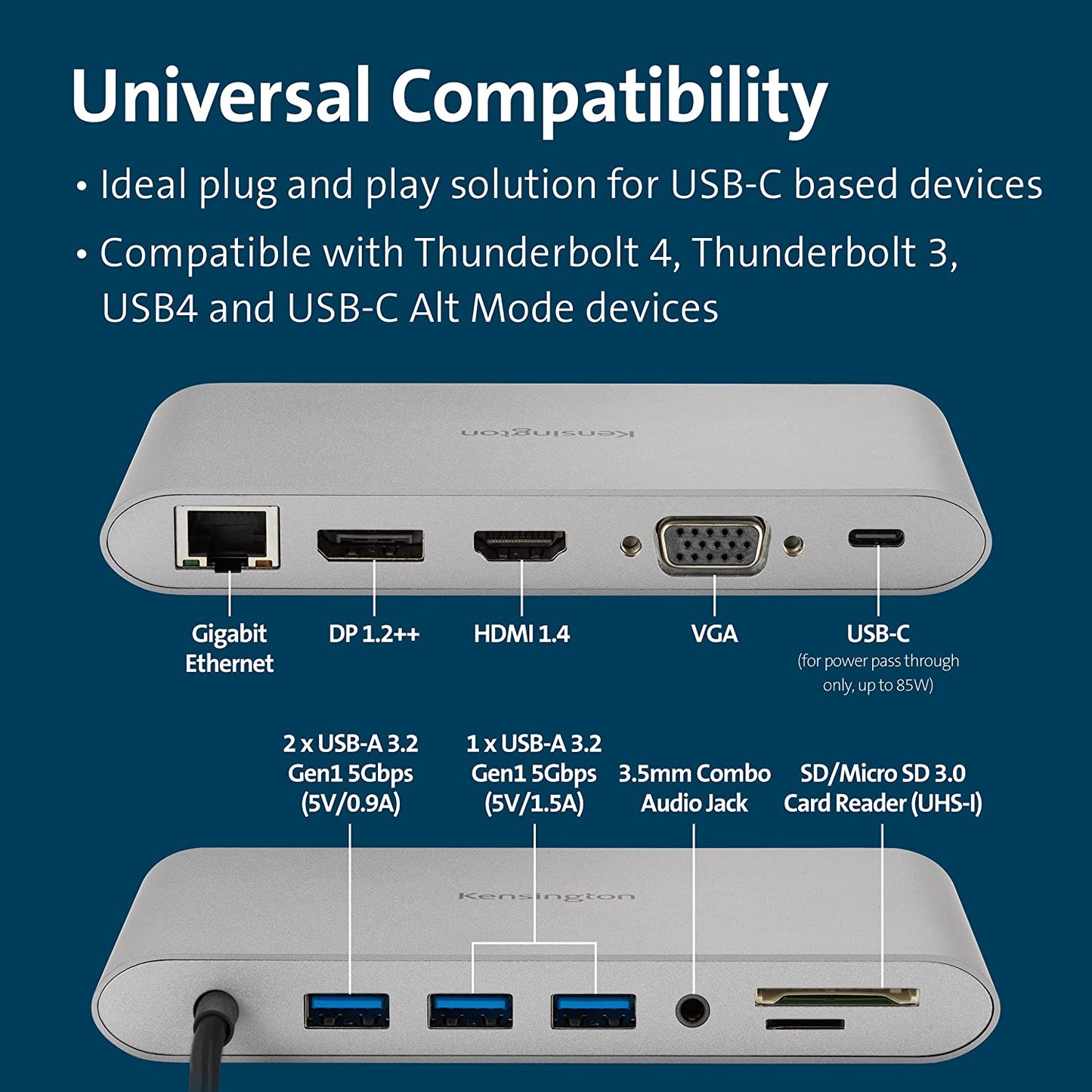 Kensington UH1440P 10-in-1 Dual Monitor USB-C Hub, Laptop Docking Stations with DisplayPort/HDMI/VGA Ports, SD &amp; Micro SD Card Readers, 85W Charging for Thunderbolt 3/4 and USB-C Devices (K33853WW) 10-in-1 w/passthru power