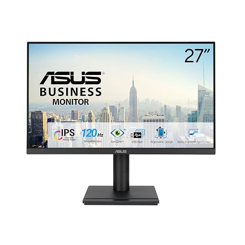 ASUS 27” 1080P Business Monitor (VA279QGS) – IPS, Full HD, Frameless, 120Hz, Adaptive-Sync, 1ms, HDMI, DisplayPort, VGA, Eye Care, Low Blue Light, Ergonomic, VESA Wall Mountable, 3 yr Warranty