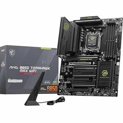 MSI MAG B850 Tomahawk MAX WiFi Gaming Motherboard (AMD Ryzen 9000/8000/7000 Series Processors, AM5, DDR5, PCIe 4.0, M.2, SATA 6Gb/s, USB 3.2 Gen 2, HDMI/DP, Wi-Fi 6E, Bluetooth 5.3, 2.5Gbps LAN, ATX)