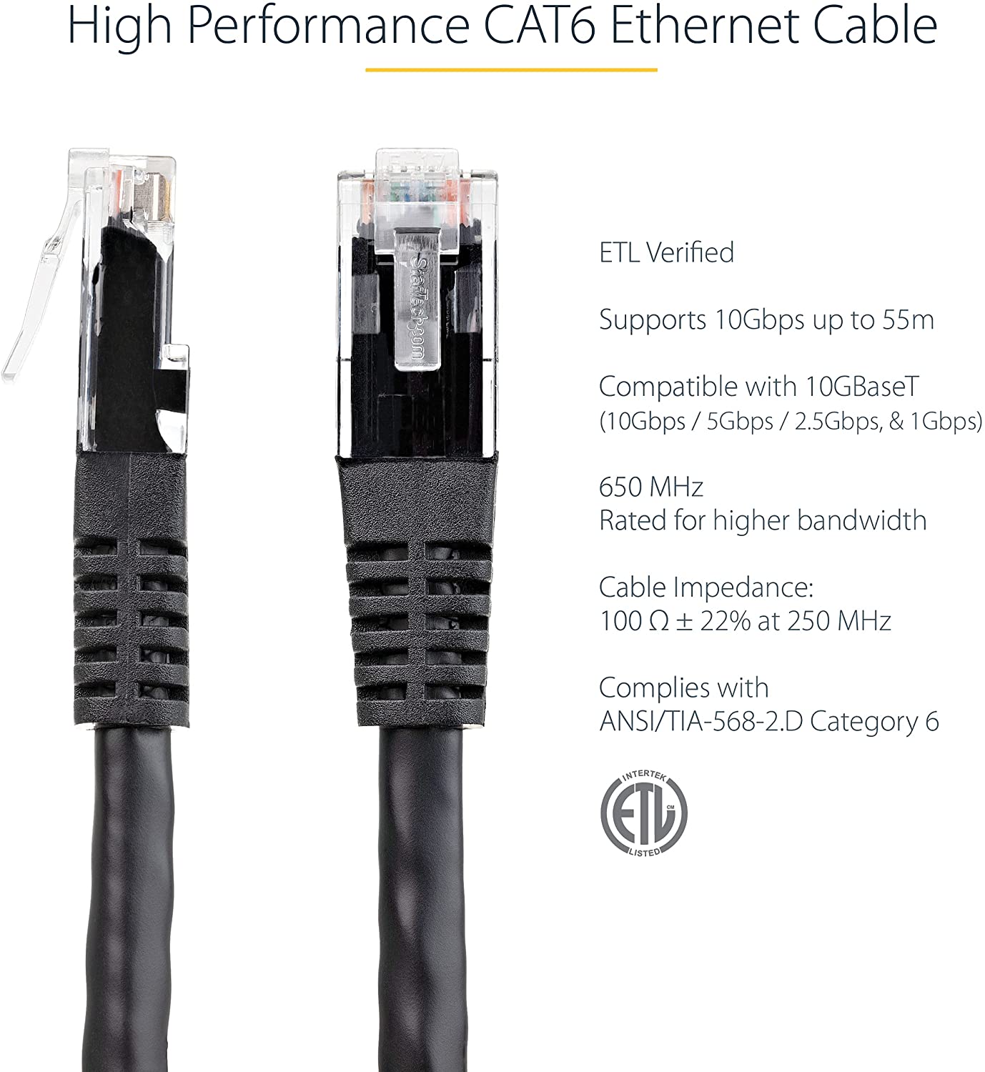 StarTech.com 35ft CAT6 Ethernet Cable - Black CAT 6 Gigabit Ethernet Wire -650MHz 100W PoE++ RJ45 UTP Molded Category 6 Network/Patch Cord w/Strain Relief/Fluke Tested UL/TIA Certified (C6PATCH35BK) Black 35 ft / 10.6 m 1 Pack